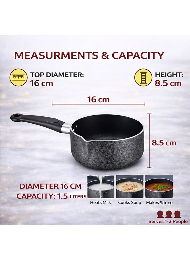 سونكس مقلاة حليب غير لاصقة ١٦ سم بسعة ١٫٥ لتر – قدر صوص مع فوهة للصب، خالية من مواد بي إف أو إيه وبي إف إيه إس، آمنة للغسل في غسالة الصحون، مقبض باكلايت مقاوم للحرارة، مناسبة لمواقد الغاز والكهرباء والسيراميك، لون رمادي - Image 2